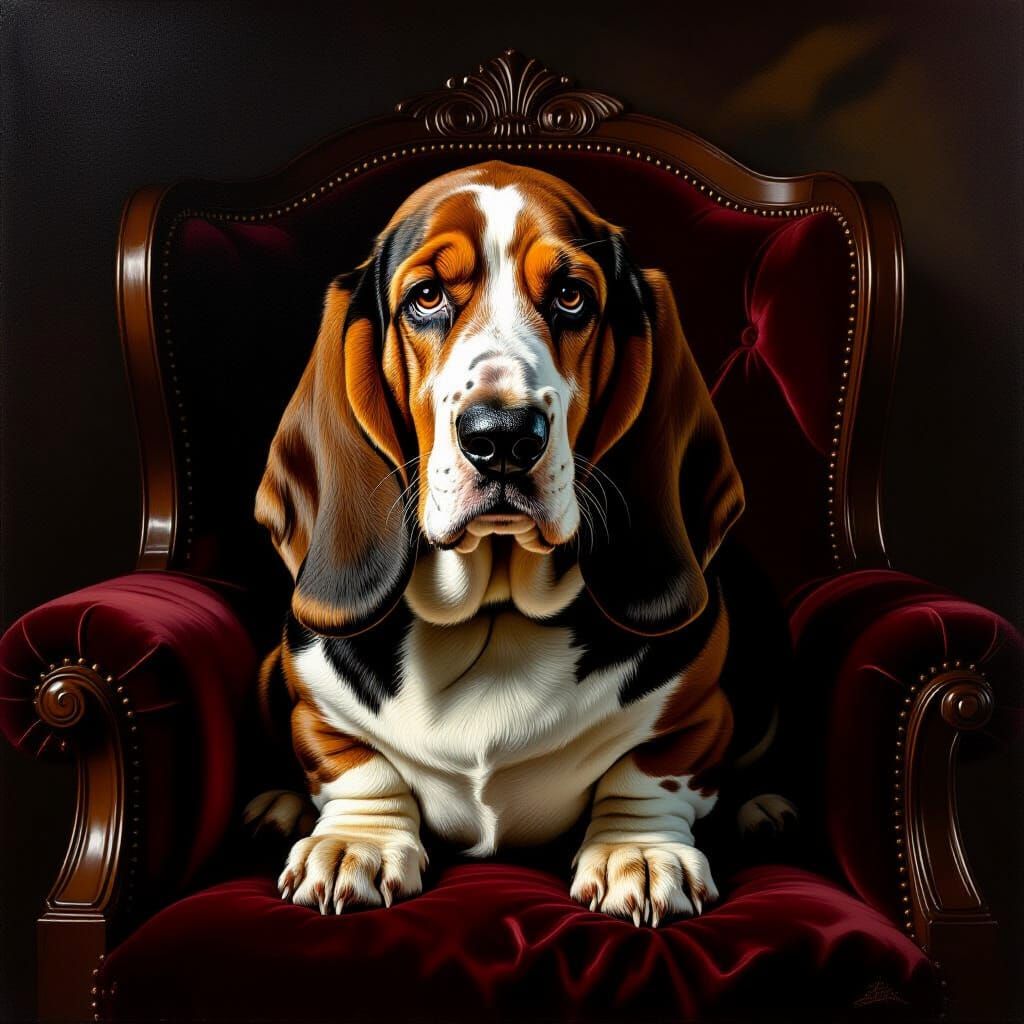 Basset Hound on Velvet Cushion in Dutch Masters Style