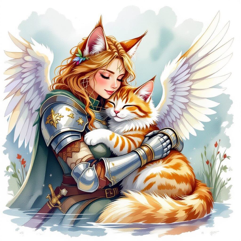 Winged Cat Cuddles on Knight's Lap in Watercolor