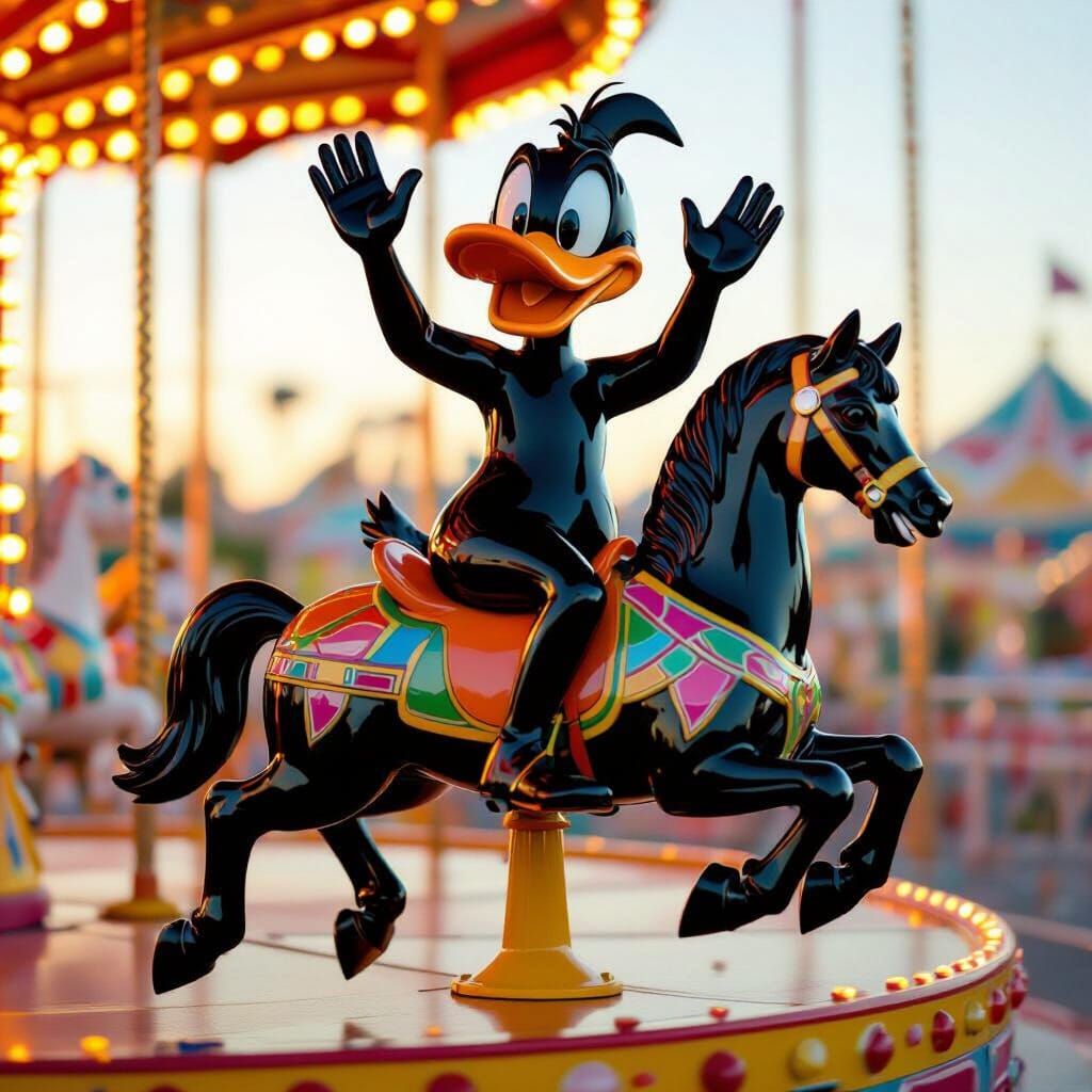 Daffy Duck on Carousel Horse in Carnival Lights