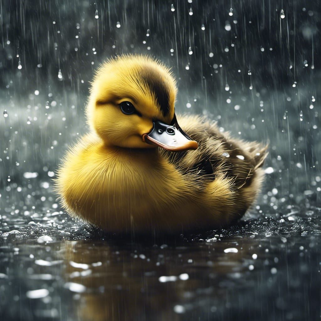 Kawaii Duckling in Rainy Anime Style