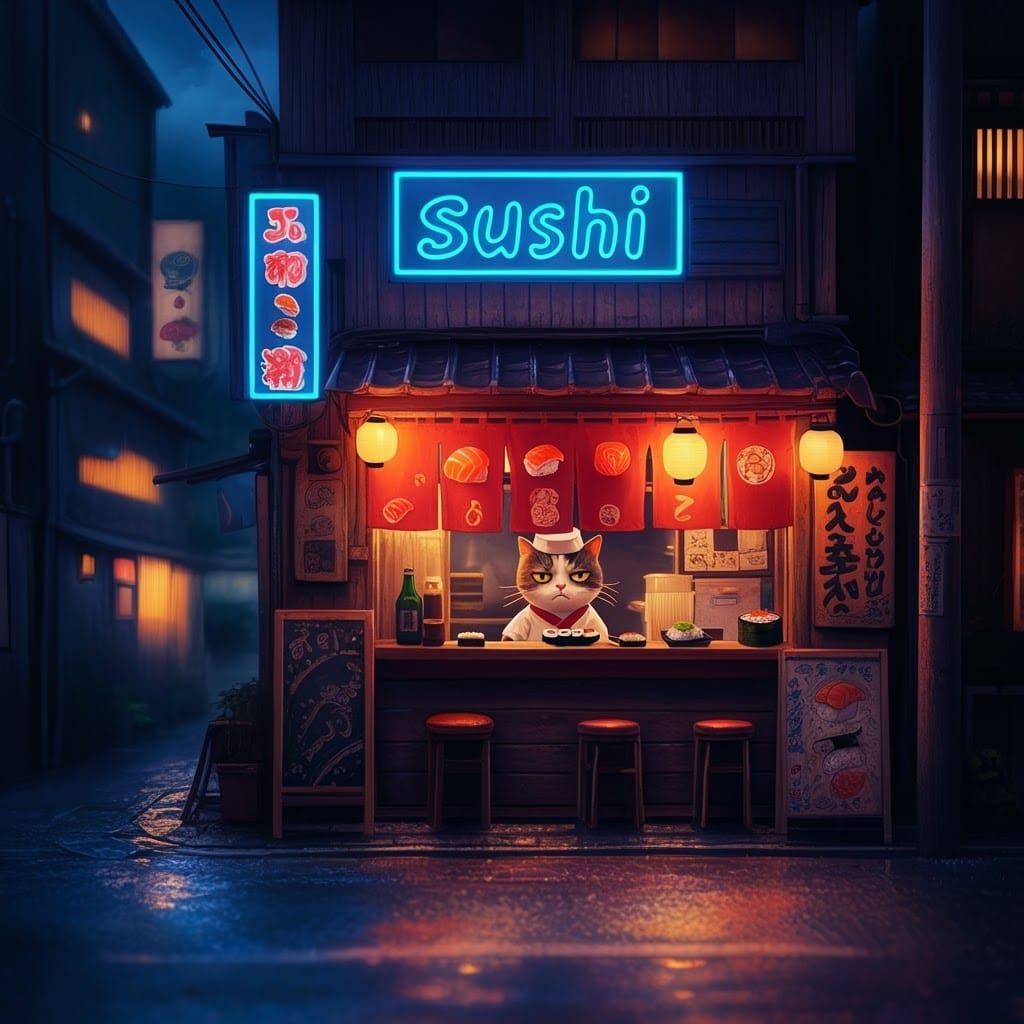 Cat Sushi Chef in Ghibli Anime Style