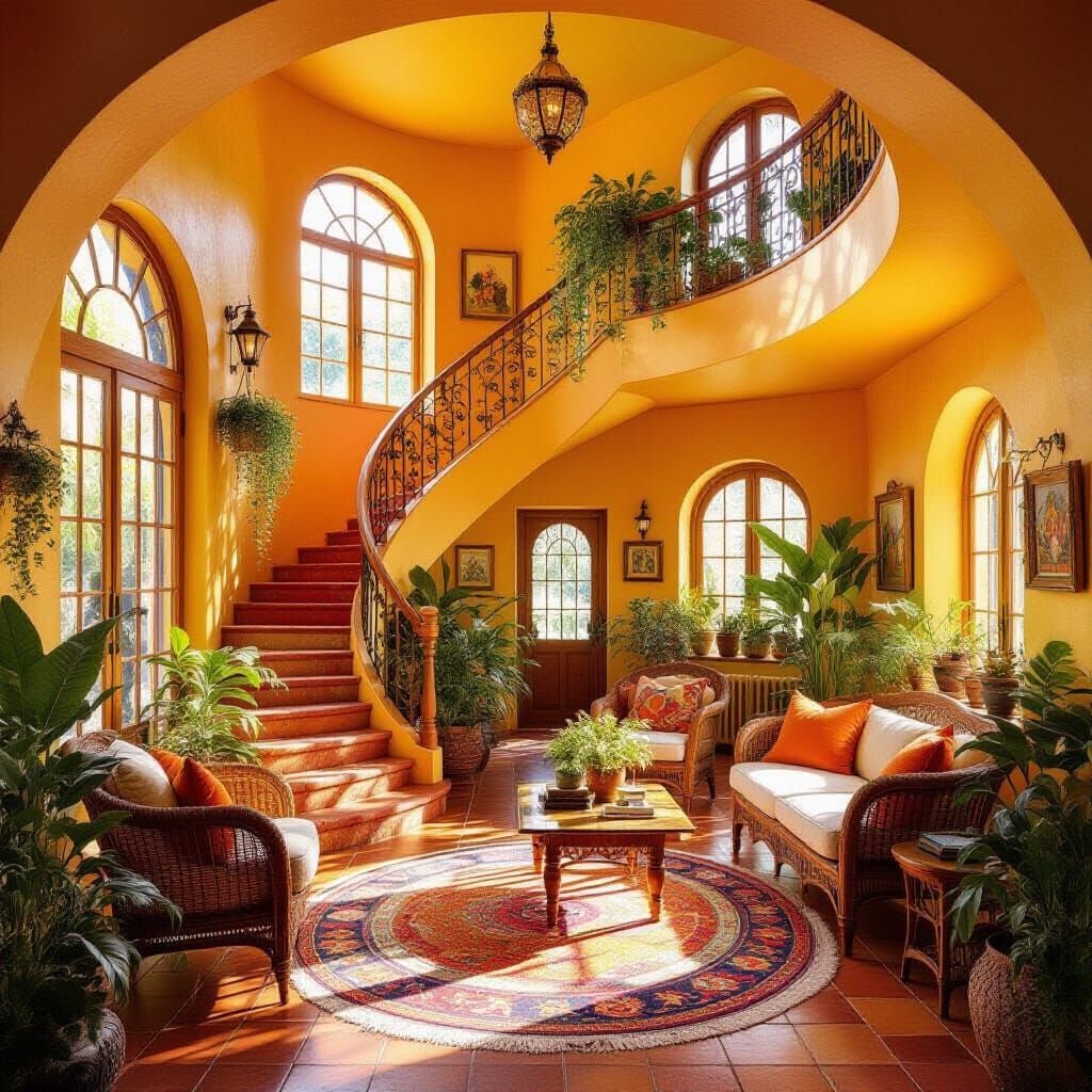 Retro Bohemian Duplex with Spiral Staircase in Golden Light