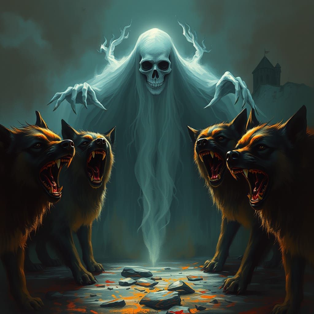 Dogs Confront a Haunting Ghostly Entity in a Dark, Gothic Sc...