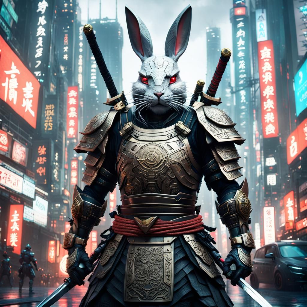Cyberpunk Samurai Bunny Warrior with Katana