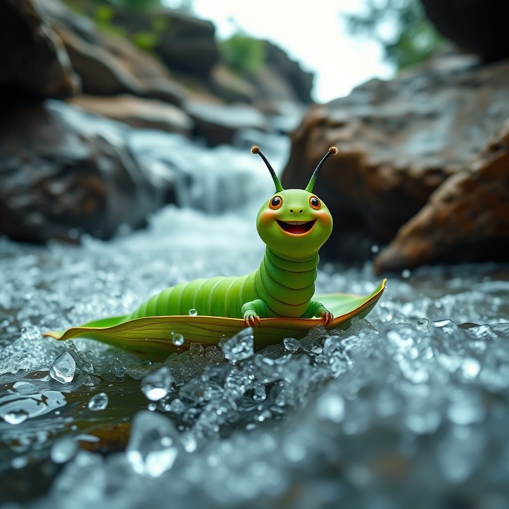 Excited Caterpillar Rides Rapids on Leaf