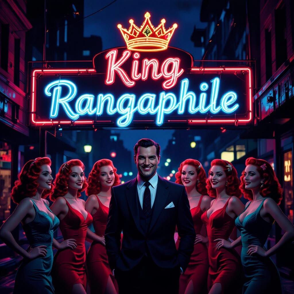 Neon King Rangaphile Sign with Devilish Man and Pinup Beauti...