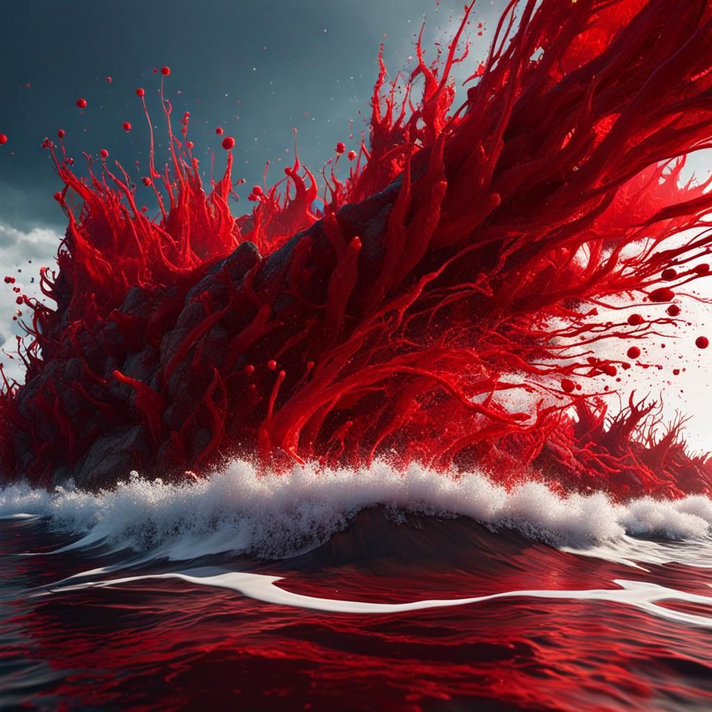 Surreal Red Sea Shore in Splatter Art Style