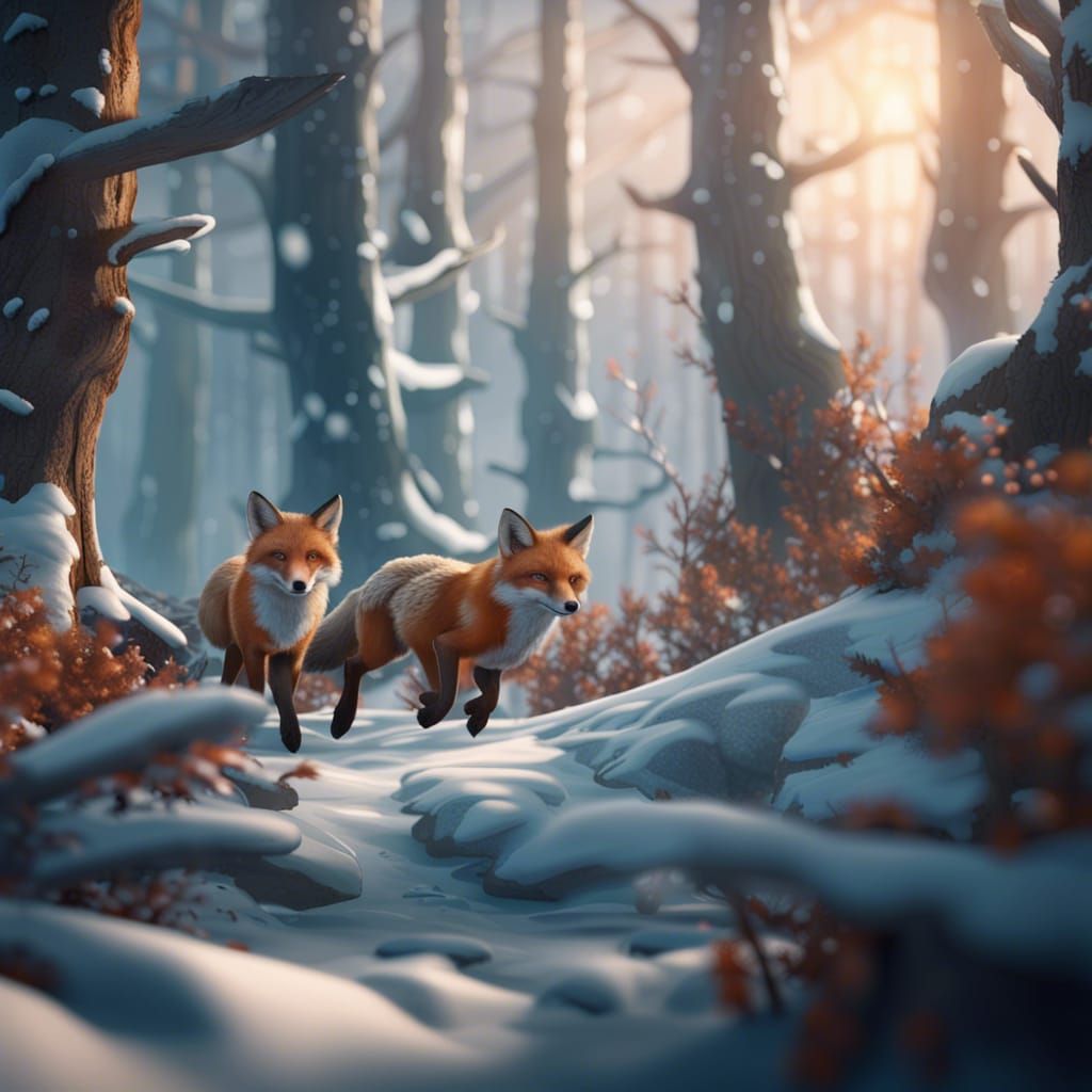 Winter Forest Scene with Foxes: Detailed Matte Painting
