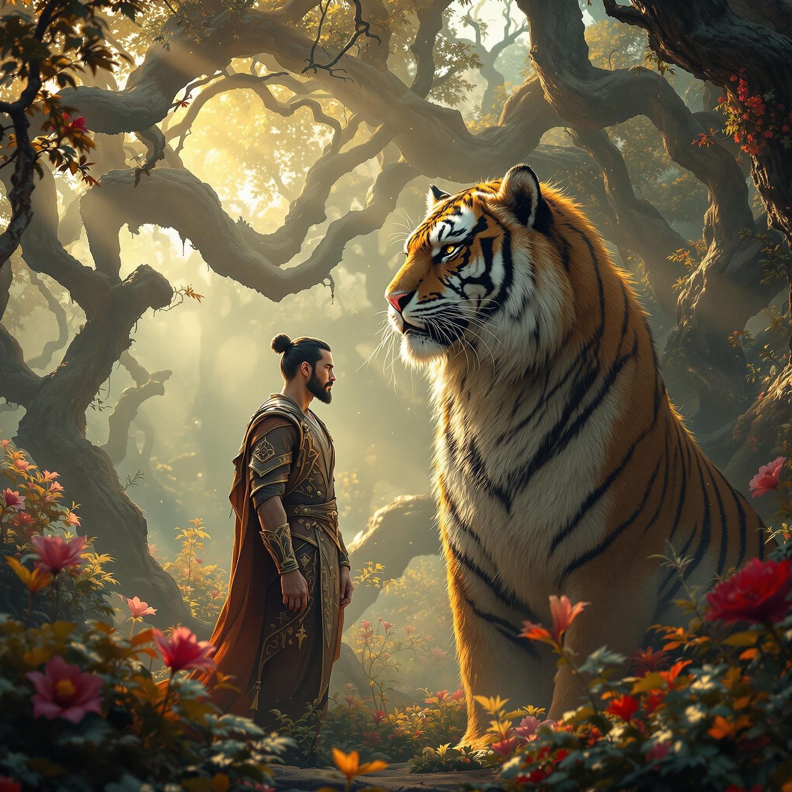 Regal Tiger and Man in Mystical, Dreamlike Environment