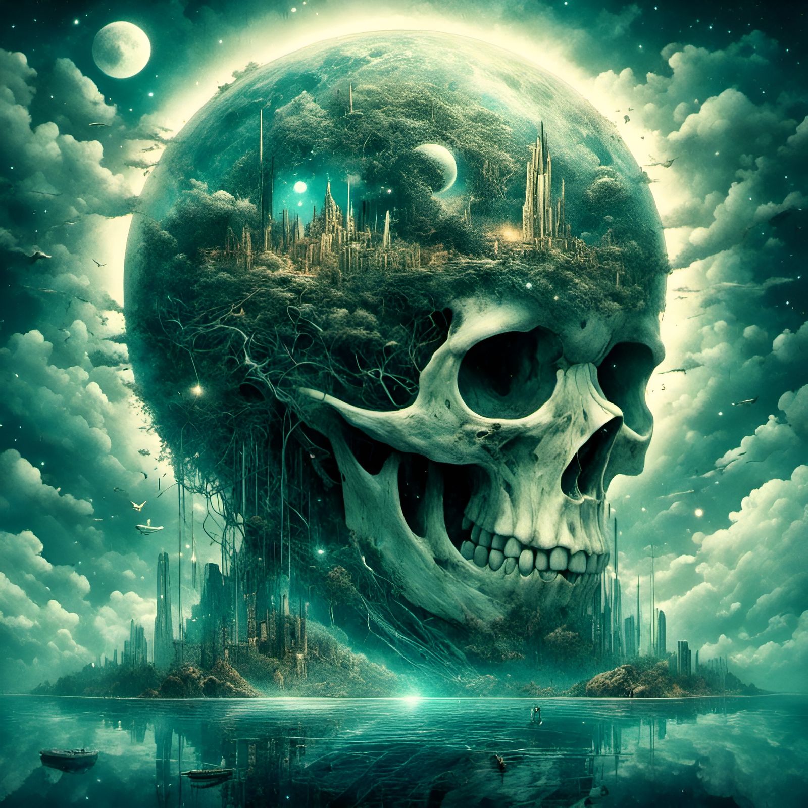 Green Dragon and Skull Waterfall in Psychedelic Art