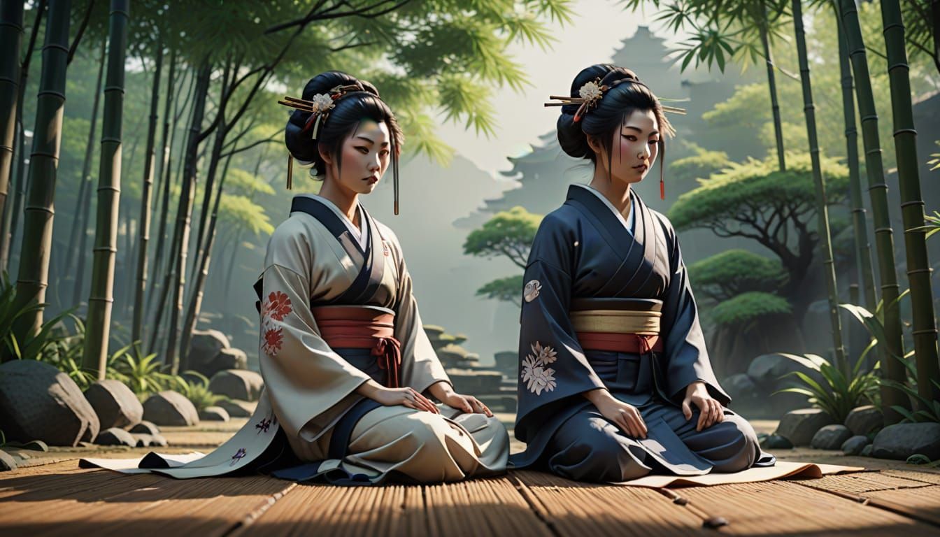 Geisha in Bamboo Garden: Japanese Sumi-e Ink Painting