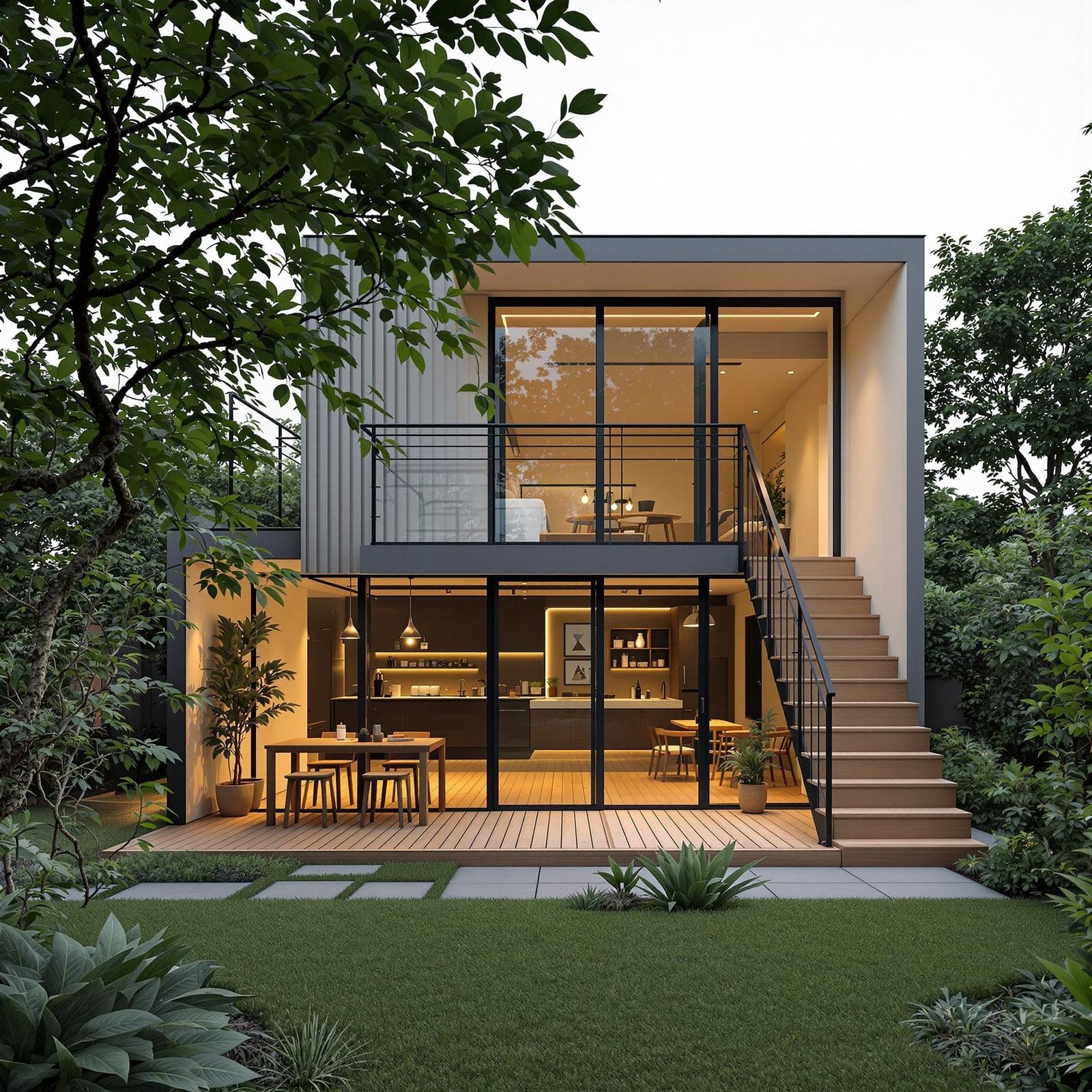Modern Prefabricated House with Cozy Coffee Shop and Serene....