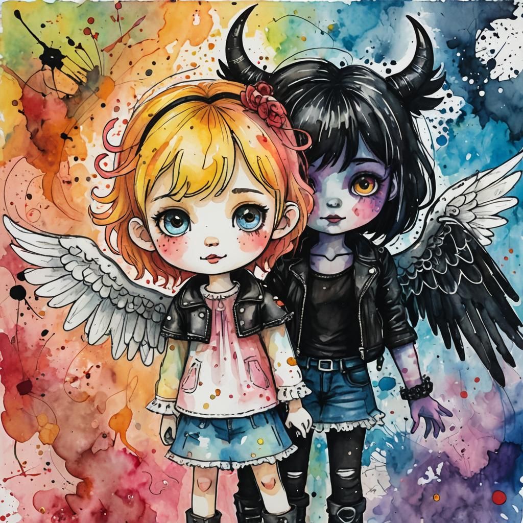 child's crayon colored pencil drawing, conscience duality pa...