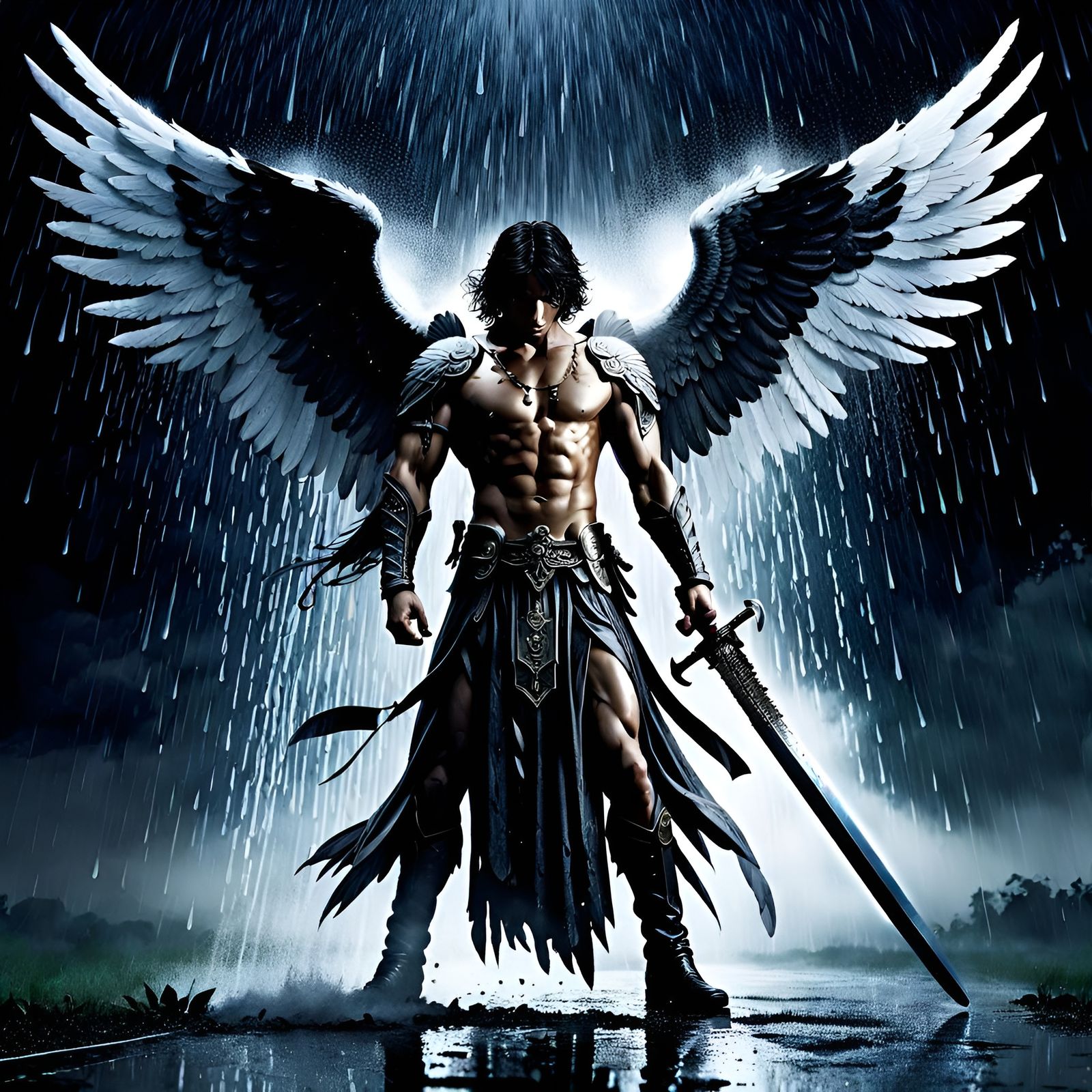 Fallen Angel in Rain: Detailed Photo Illustration