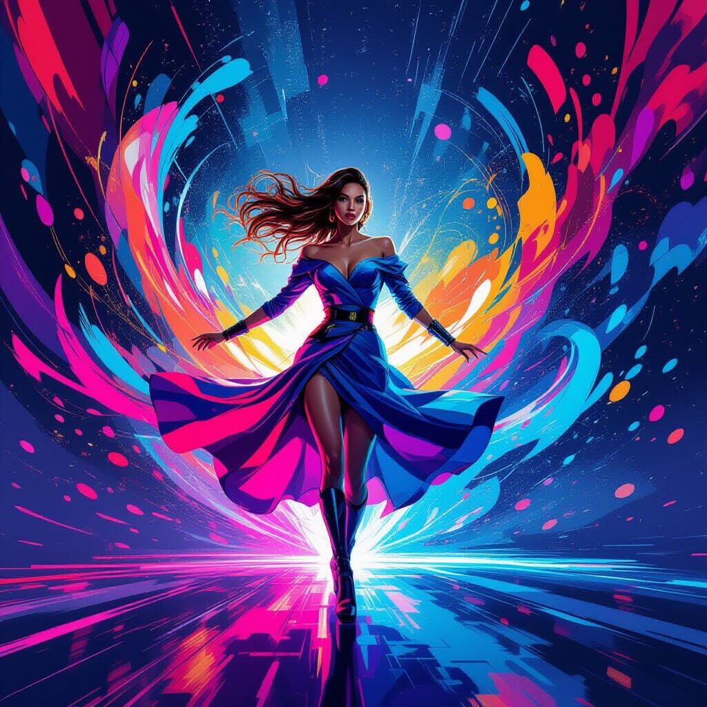 Woman in Dynamic Flow of Futuristic Neon Colors