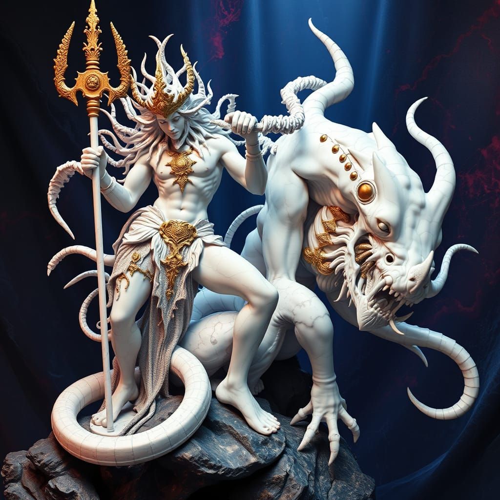 Neptune and Triton Sculpture with Biomechanical Elements