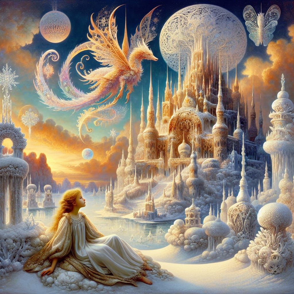 Surrealist Scandinavian Goddess in a Snowy Scene of Whimsy a...