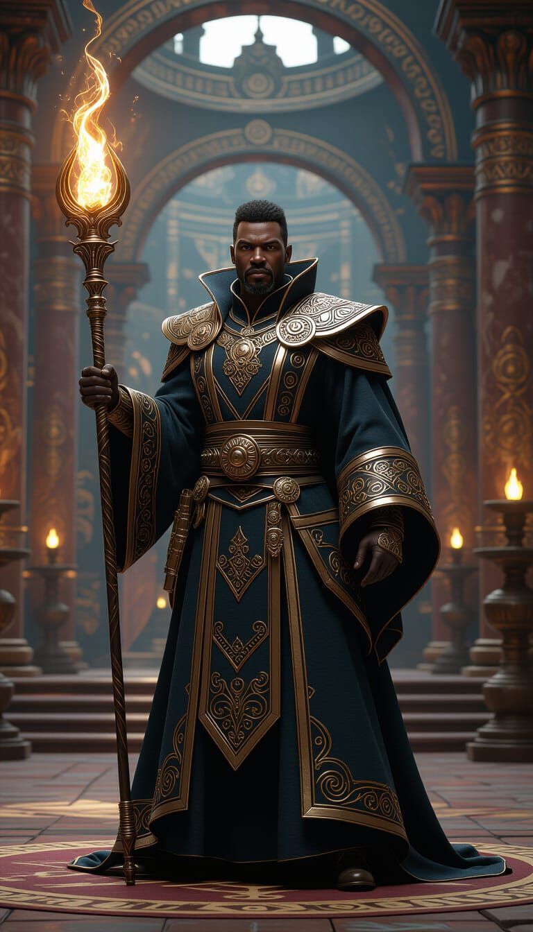 Warrior-Mage in Ornate Robes with Glowing Staff