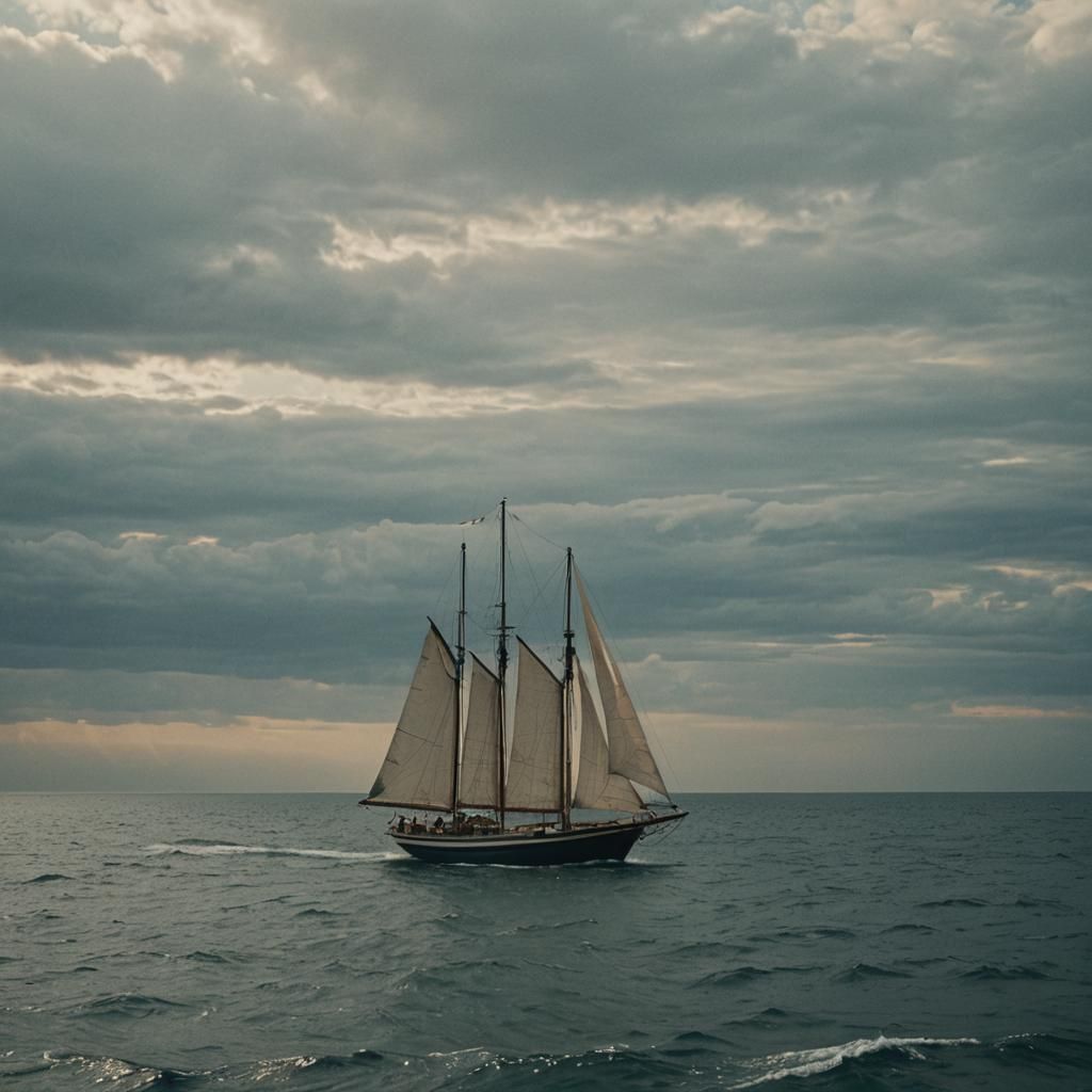 Dramatic Sailboat on the Ocean: Cinematic Film Still
