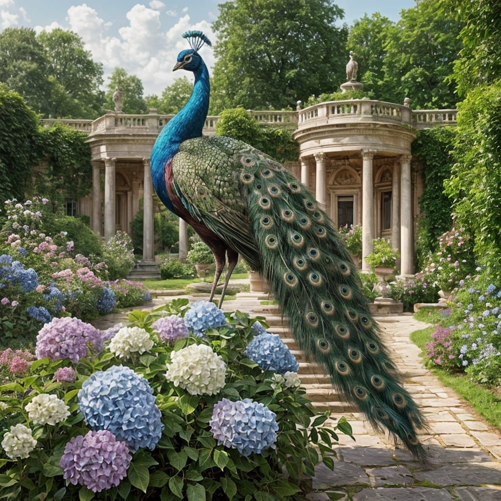 Peacock in Palladian Garden with Hydrangea