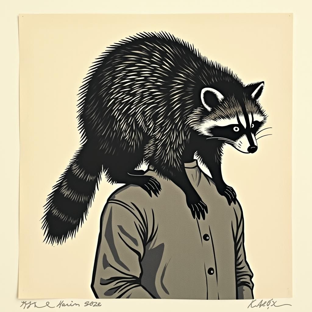 Japanese woodcut inspired raccoon over a human's shoulder. w...