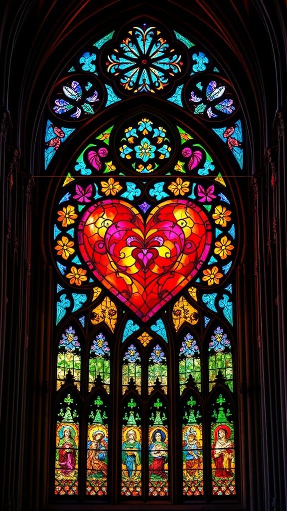 Stained Glass Heart in Gothic Cathedral Window