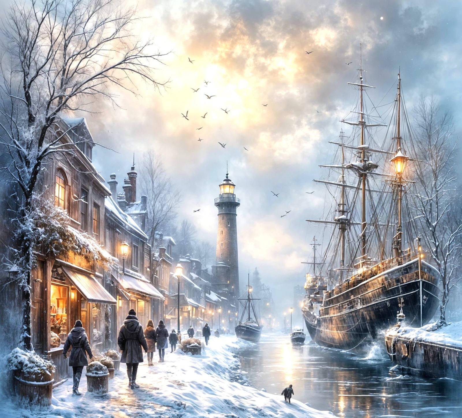 Bustling Winter Port at Dawn After Snowfall