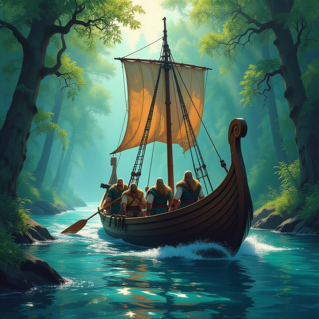 Viking Longship on Forest River in Splash Art Style