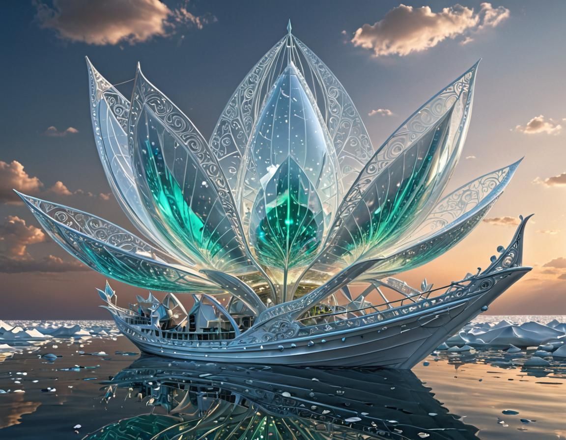 Futuristic Iridescent Lotus Ship with Glass Sails