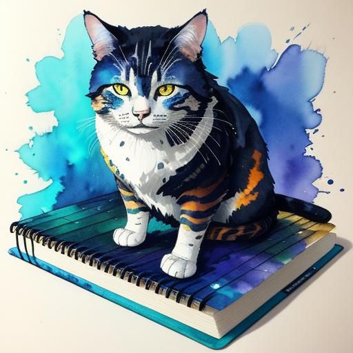 Anime Cat on Sketchbook with Watercolor Effect