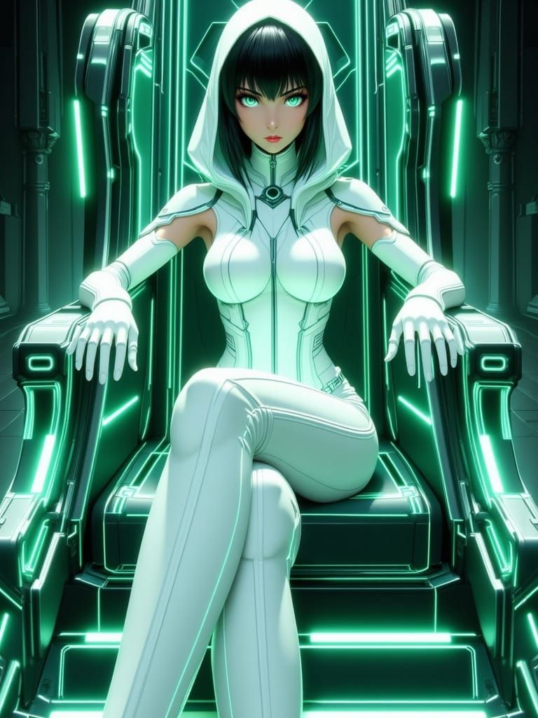 Woman with short black hair, green eyes. wearing a white sle...