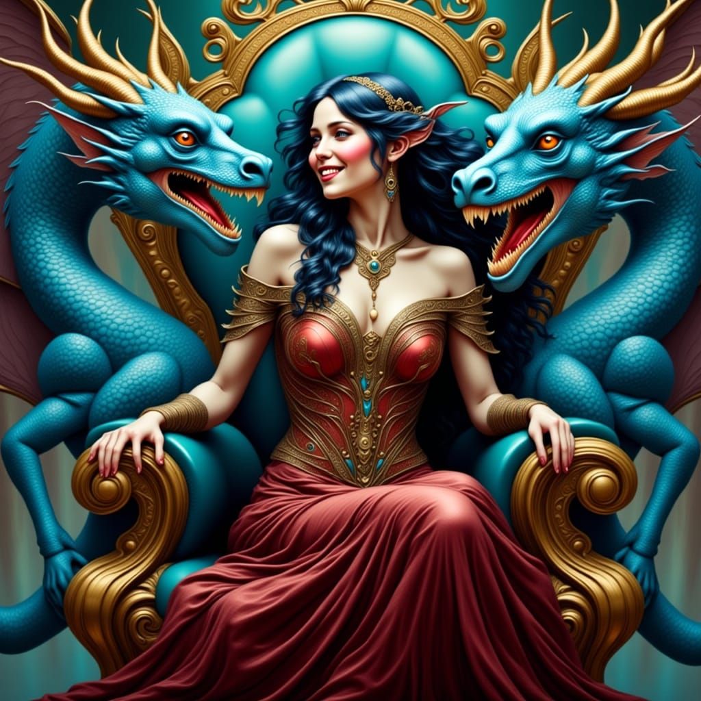 Famke Janssen on Dragon Throne, Hyperrealistic Fantasy Art
