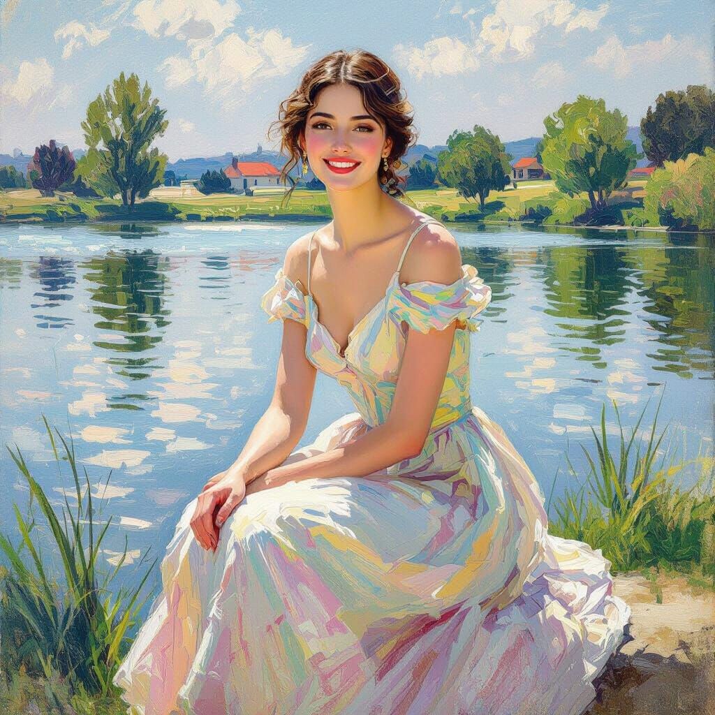 Elegant Woman in Rainbow Dress by Calm Lake