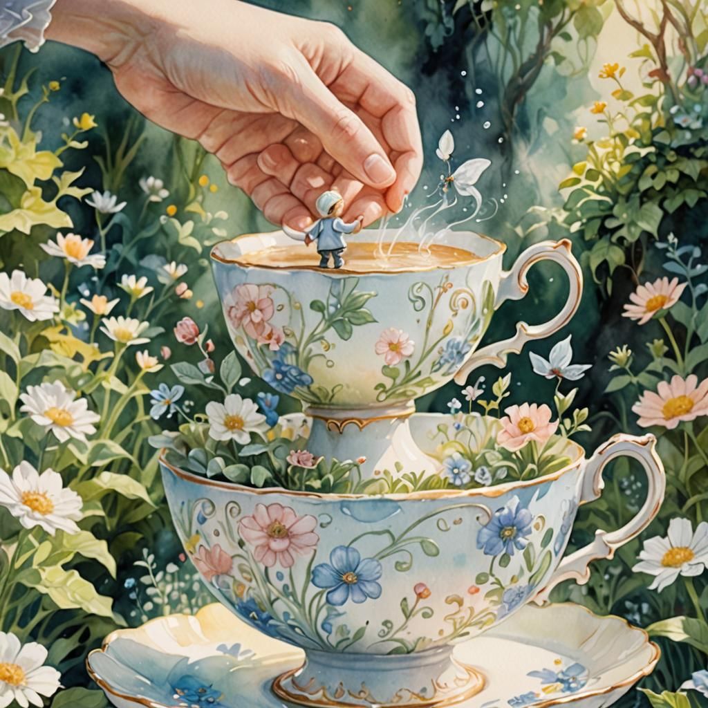 Whimsical Watercolor Garden Scene with Tiny Person Emerging....