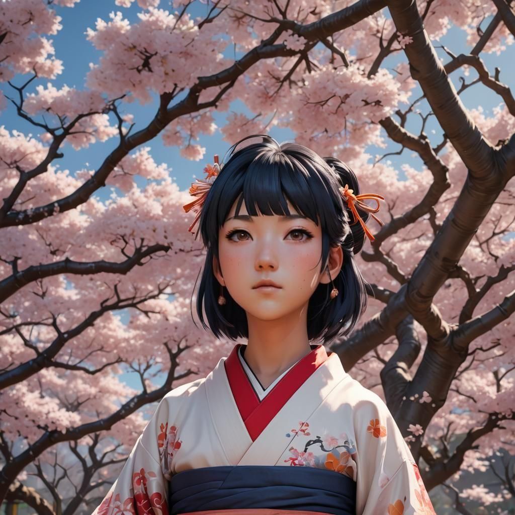 Hinata in Kimono: Sakura Tree Portrait