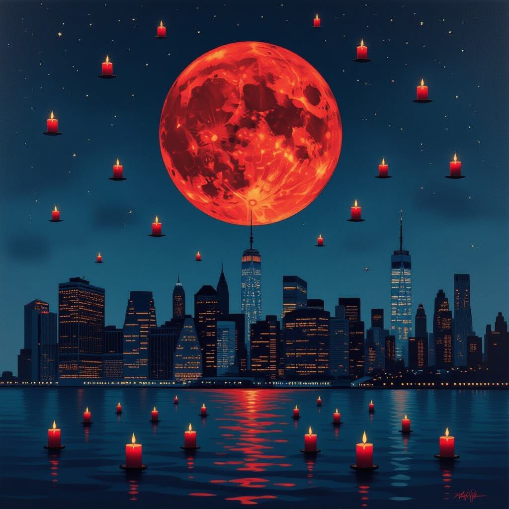 Surreal NYC Skyline Under Blood Moon With Floating Candles