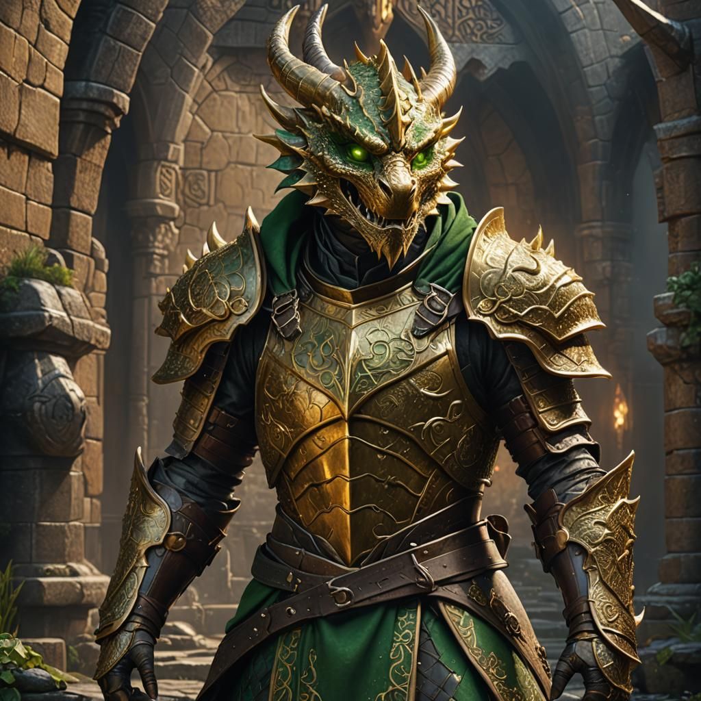 Golden Dragonborn in Leather Armor: Fantasy Art