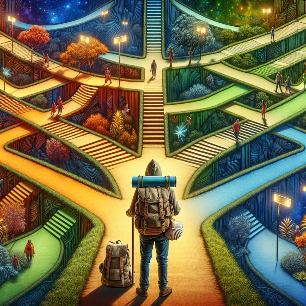 Pilgrim at Crossroads of Colorful Paths