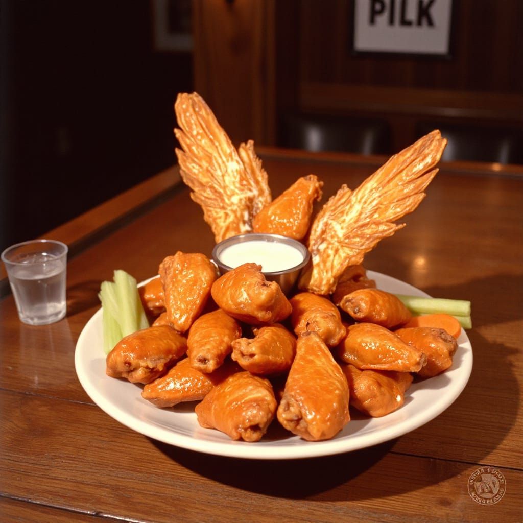 A plate of the original Buffalo Wings with ranch sauce, celery, and carrots. The plate of wings itself has wings and is ...