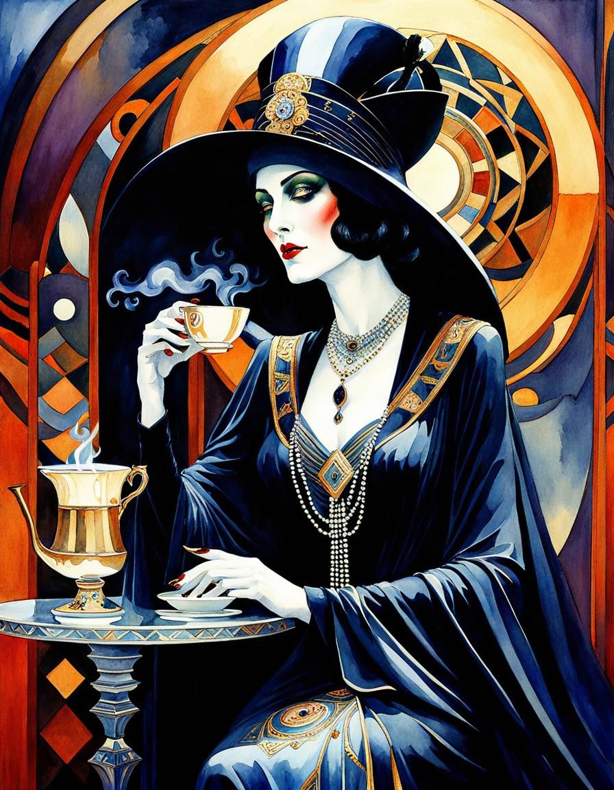 Art Deco Witch Queen Sipping Coffee