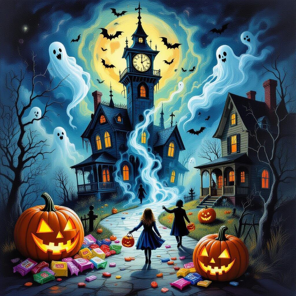 Surreal Halloween Night: Spooky Trick-or-Treat Scene
