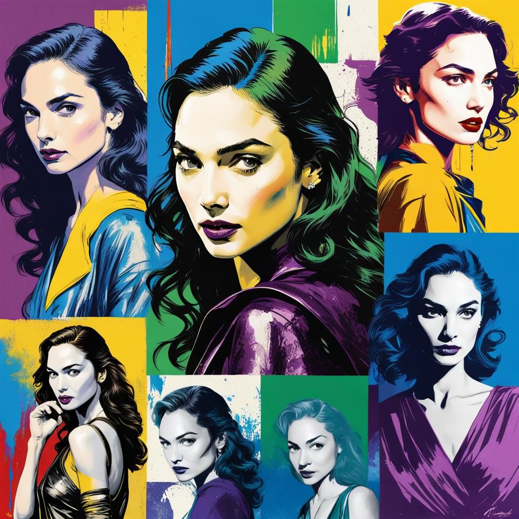 Gal Gadot Pop Art Collage in Sumi-e Style