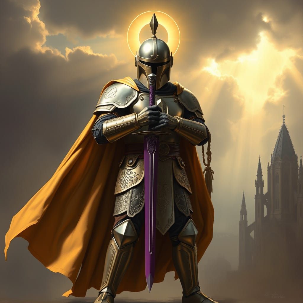 Majestic Mandalorian Templar Knight, Ornate Plate Armor, Gol...