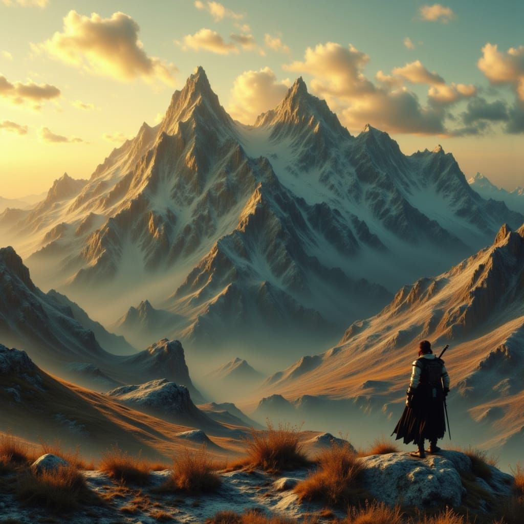 Lone Warrior at Dawn in Epic Mountain Landscape