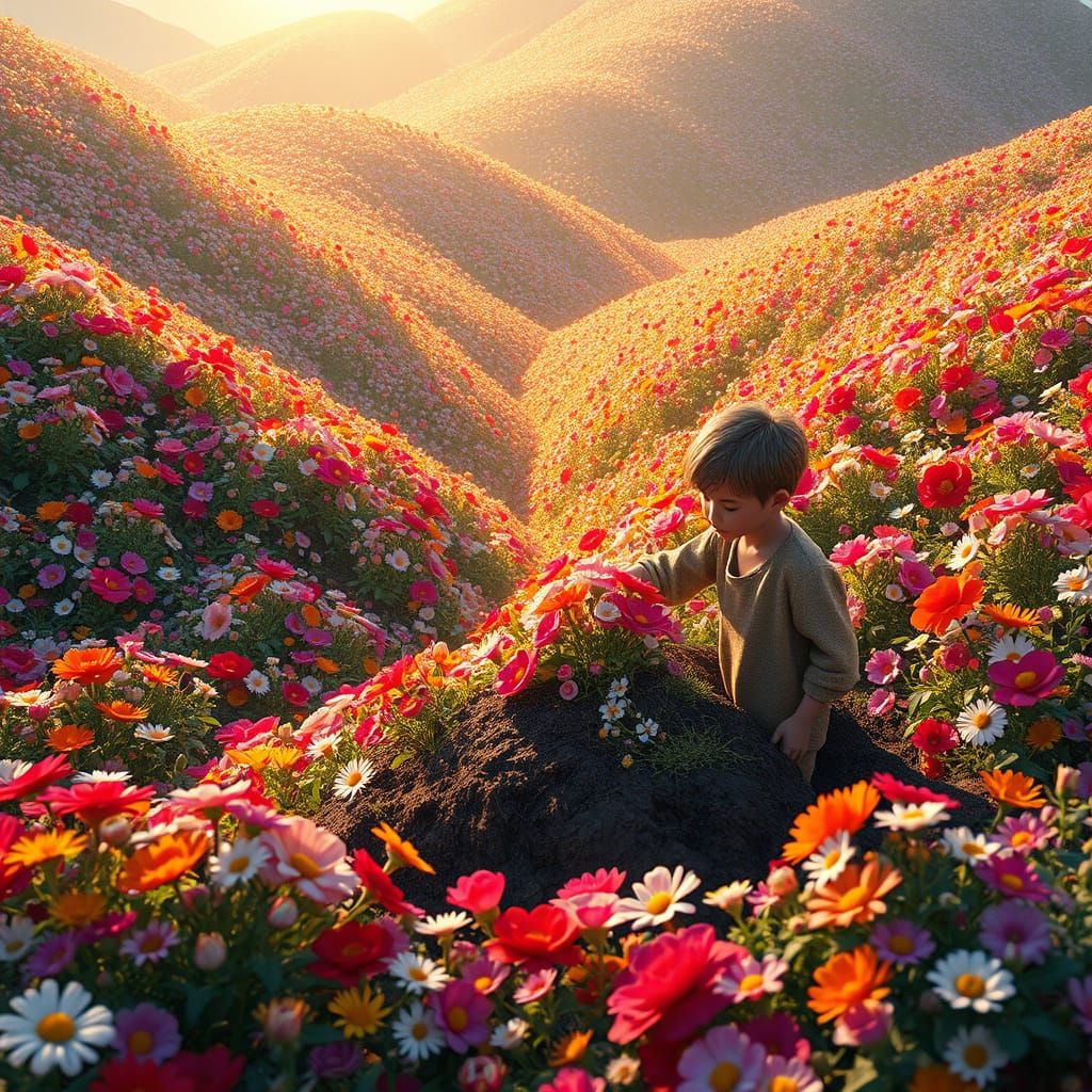 Whimsical Valley of Vibrant Flowers in Hyper-Realistic Style