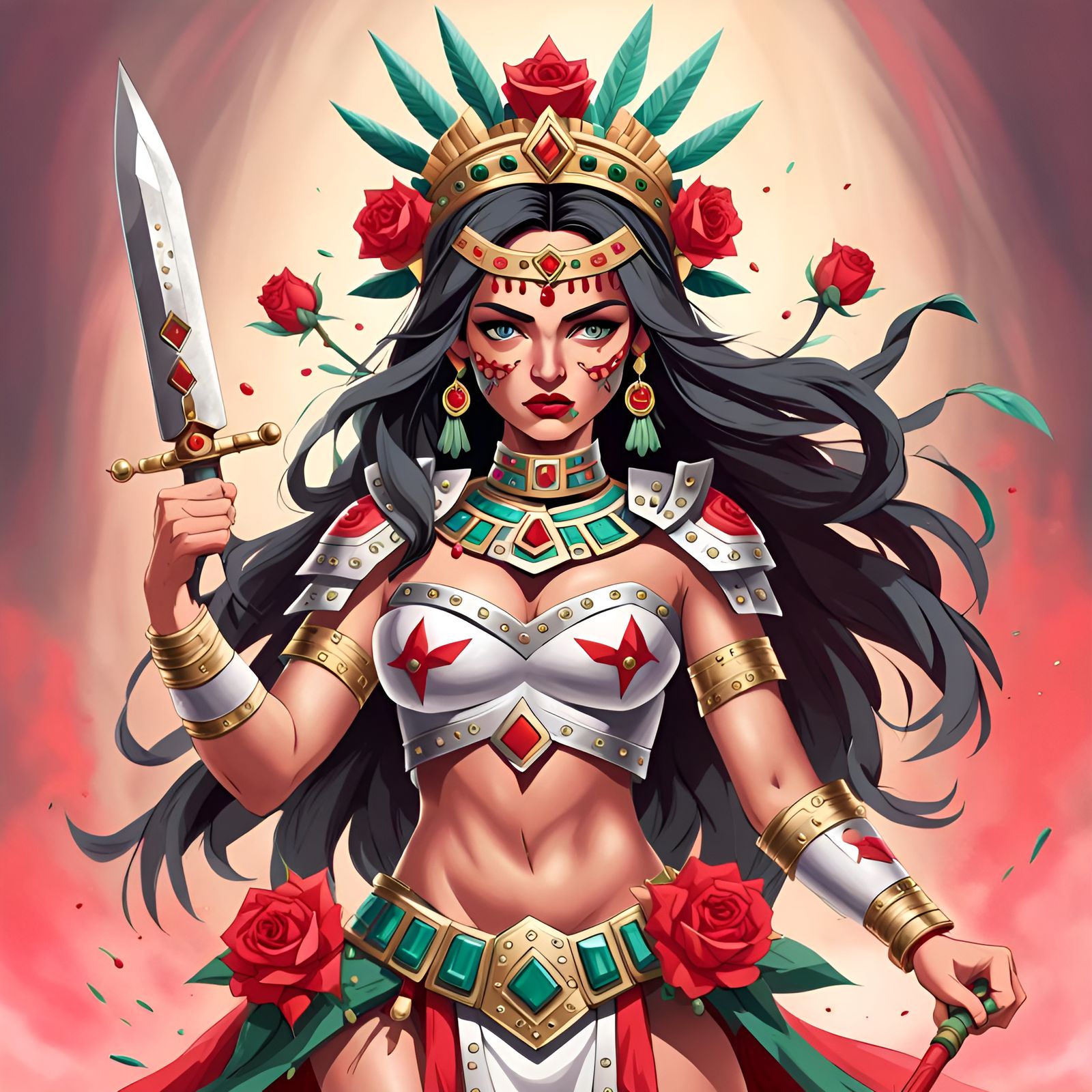 Aztec Woman Warrior with Emerald Crown and Rose