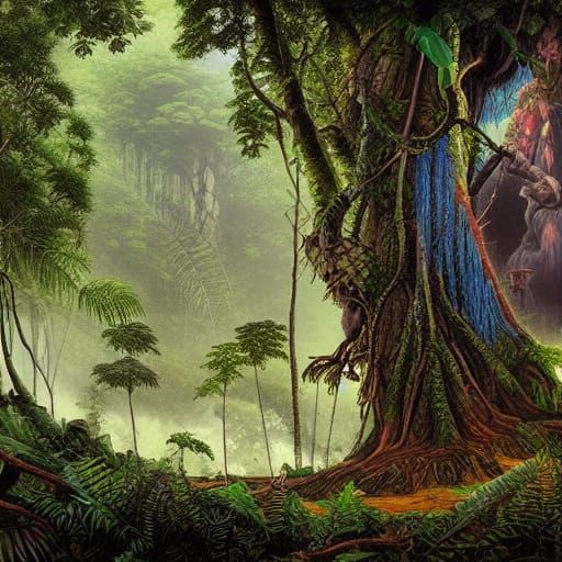 Lush Amazon Rainforest Landscape with Native, Detailed Art
