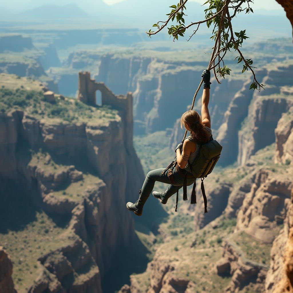 Dramatic Canyon Scene with Adventurer in Cinematic Style