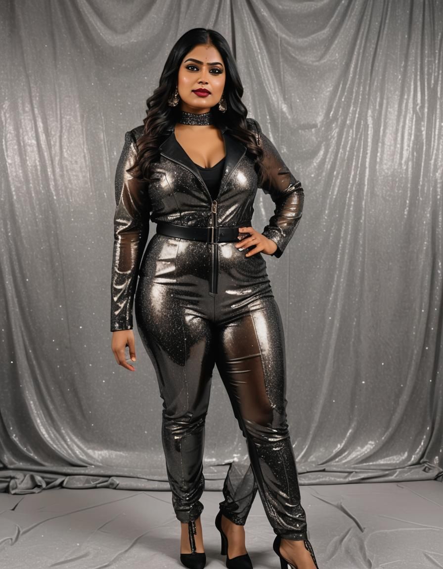 Curvy Indian Woman in Glittering Leather Outfit