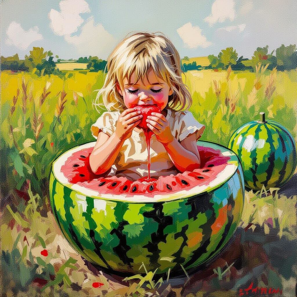 Girl Eating Watermelon in Impasto Painting Style